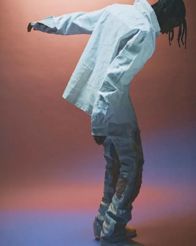 Patchwork streetwear editorial pose, editorial, photographic, pastel