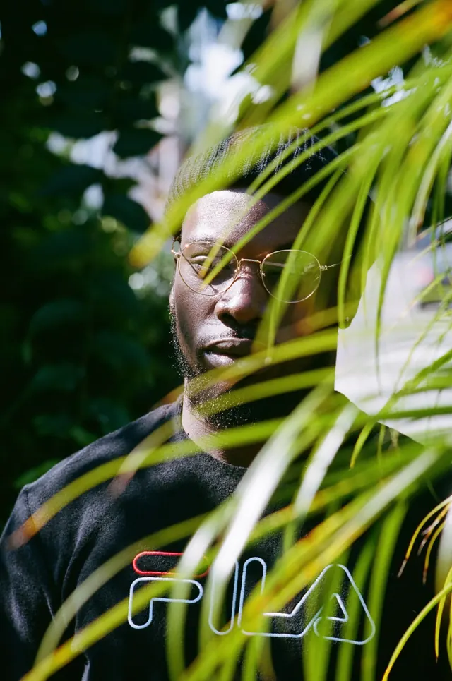 FILA portrait framed by palm fronds, editorial, photographic, vibrant