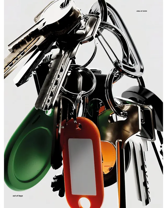 Keys and carabiners product cluster, minimal, photographic, light
