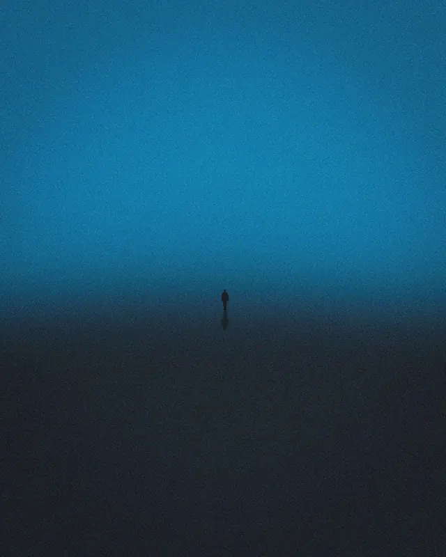 Lone figure on blue reflective expanse, minimal, photographic, cool