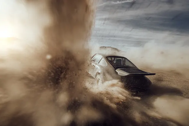 Off-Road Vehicle in Sandstorm, photographic, organic, earthy
