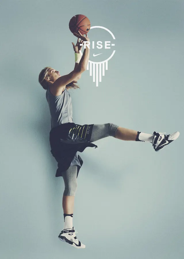 Nike RISE basketball athlete in flight, photographic, minimal, light