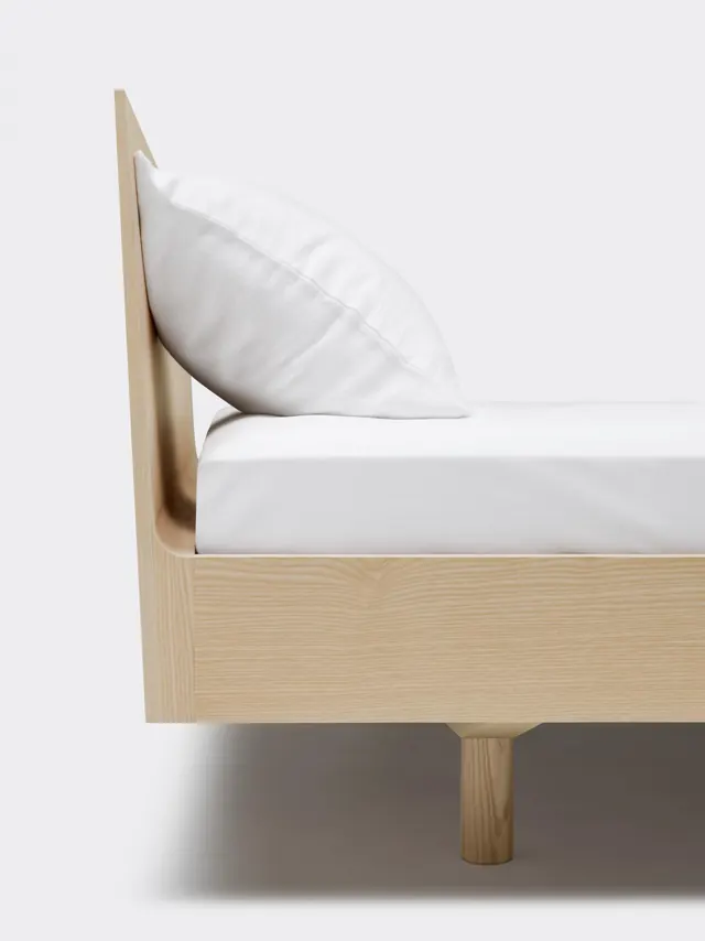 Wood frame bed with white linens, minimal, swiss, light