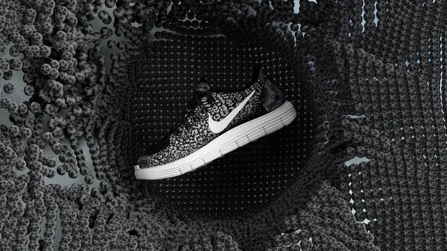 Nike Flyknit hero product shot, photographic, minimalist, dark