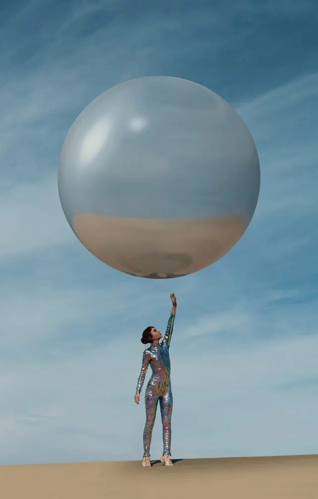 Figure reaching toward reflective sphere, photographic, 3d-render, cool
