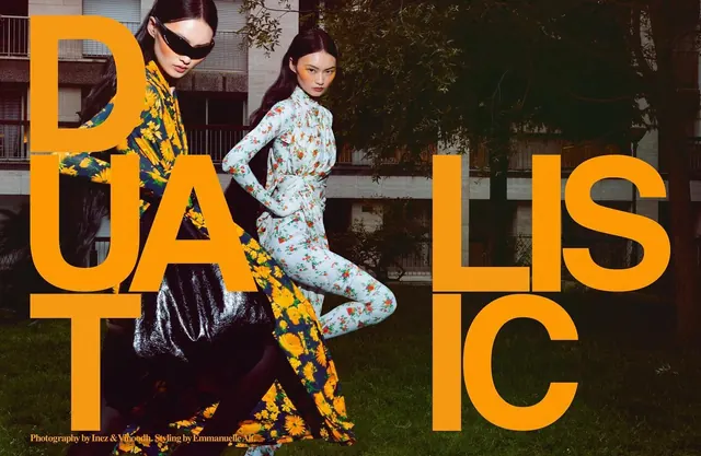 Bold fashion editorial with geometric typography, photographic, editorial, warm