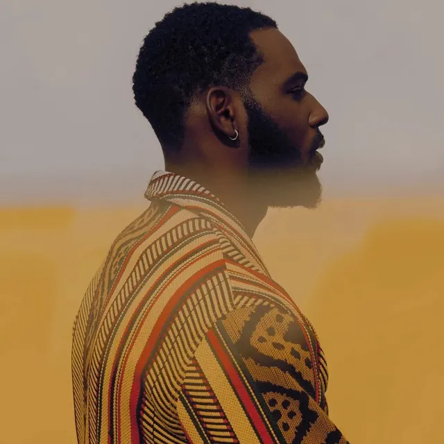 Portrait with patterned striped garment, photographic, editorial, warm