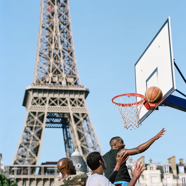Basketball moment at Eiffel Tower, photographic, technical, cool