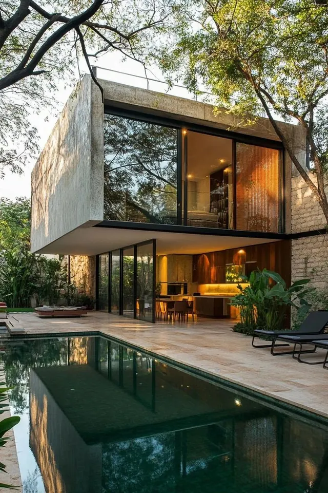 Modern concrete villa with reflecting pool, minimal, luxury, dark