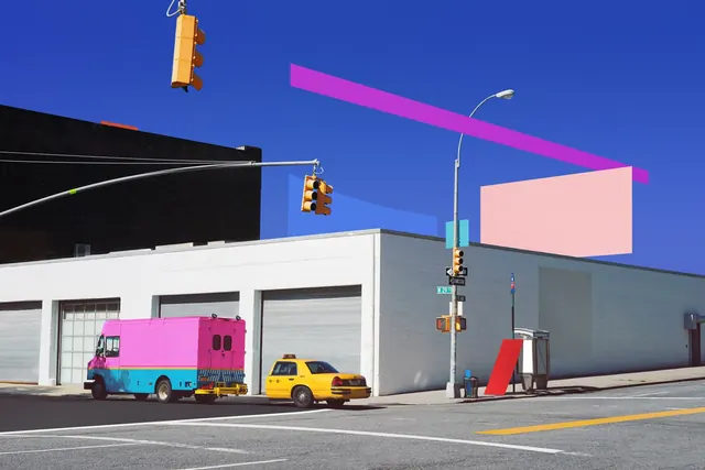 Urban Architecture with Geometric Overlays, minimal, neo-brutalist, vibrant