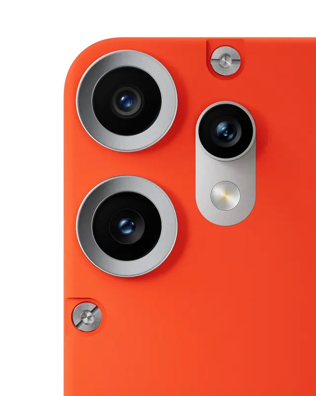 Orange phone back with triple-camera array, minimal, 3d-render, vibrant