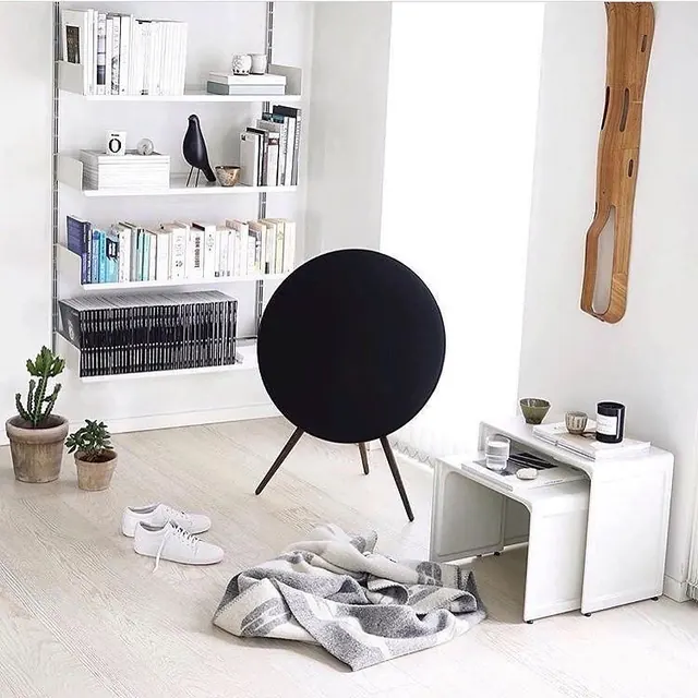 Minimalist living space with circular black speaker, minimal, light-mode, light