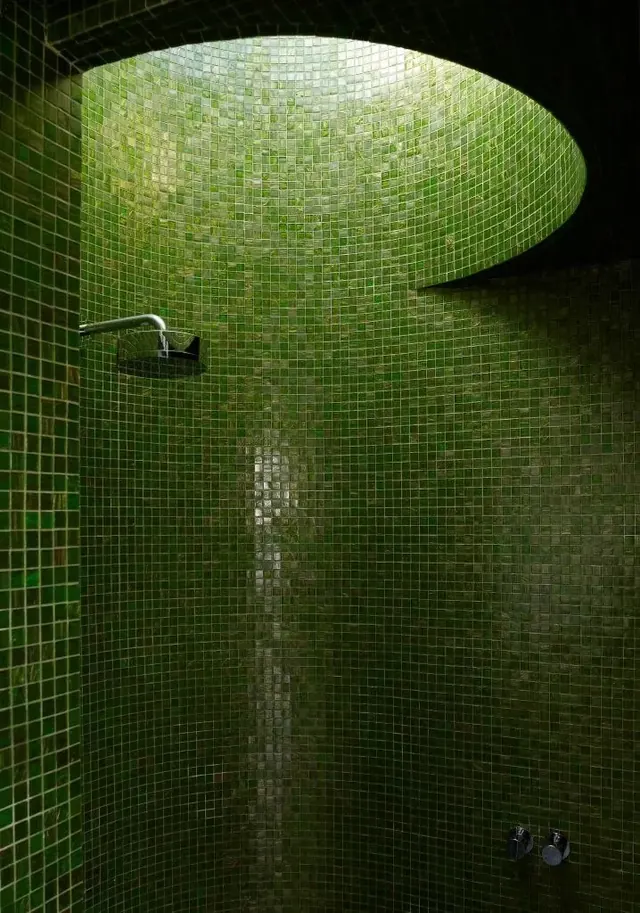 Green mosaic tiled circular shower with skylight, minimal, organic, muted