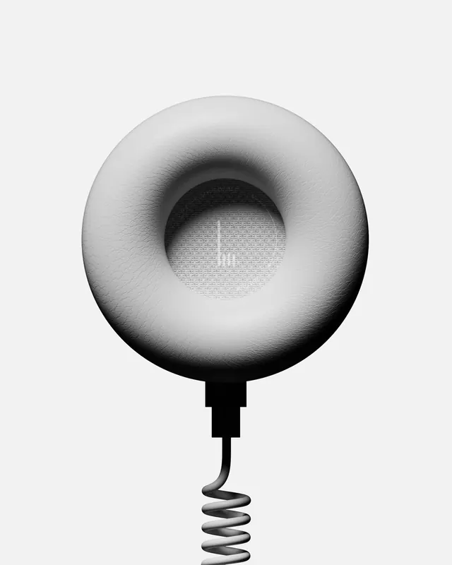 Minimalist white toroidal product with coiled cable, minimal, photographic, light
