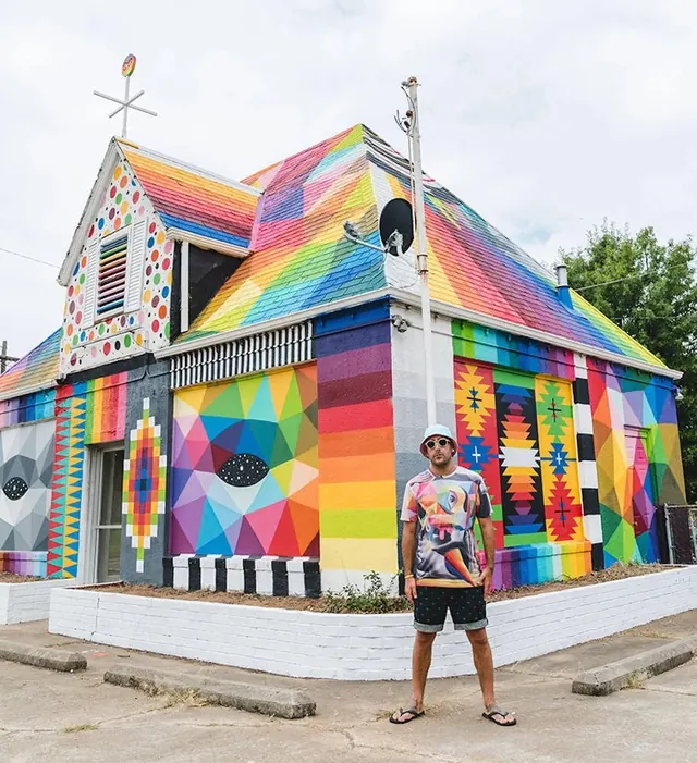 Colorful Geometric Building Mural, maximalist, geometric, vibrant