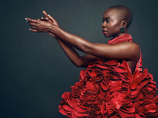 Woman in Red Floral Dress