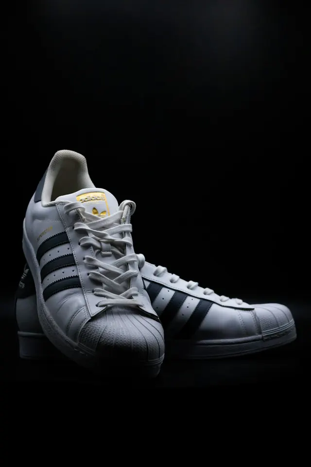 White and black striped sneaker product shot, minimalist, photographic, monochrome