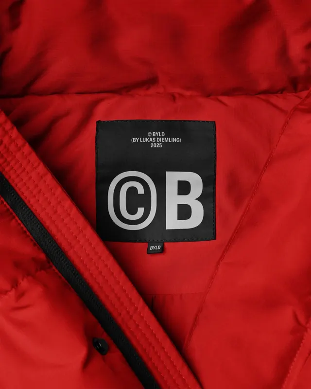 CB Logo on Red Puffer Jacket