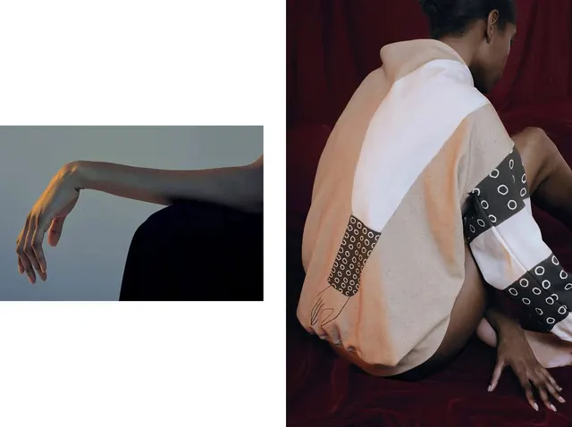 Editorial fashion photographs with illustrated hoodie, minimal, photographic, dark