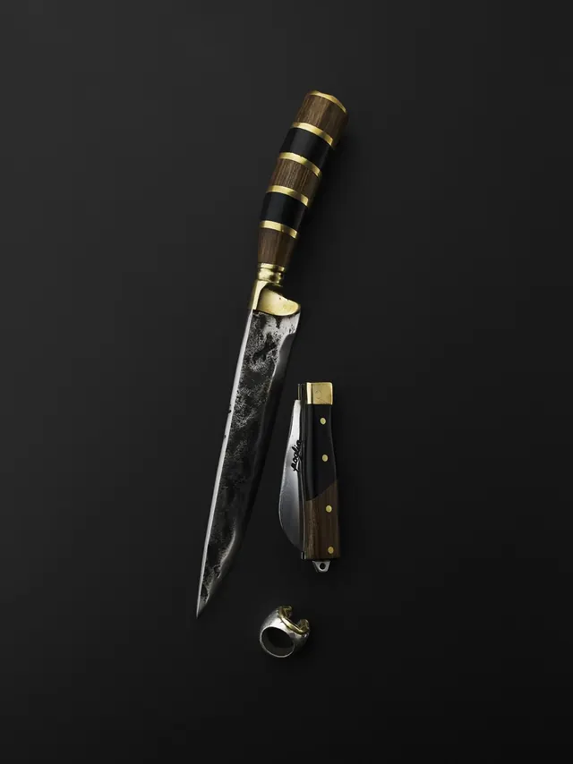 Handcrafted knife and folding knife product shot, minimal, photographic, dark