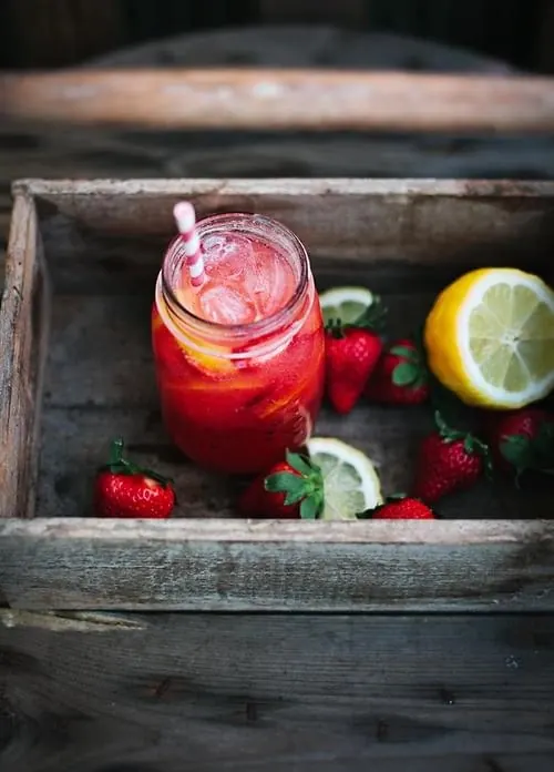 Strawberry Smoothie in Rustic Tray, photographic, vibrant
