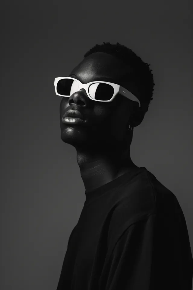Model in white sunglasses black and white, minimal, monochrome, dark