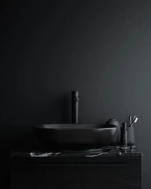 Black vessel sink bathroom, minimal, dark-mode, dark