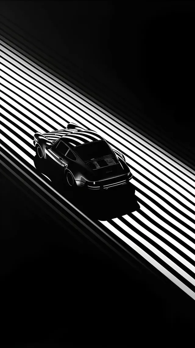 Porsche on diagonal striped surface, photographic, minimal, dark