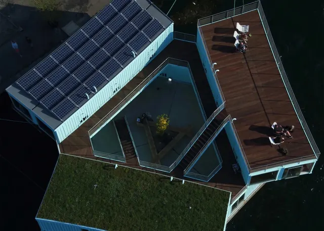 Aerial view of modern floating home, minimal, photographic, cool