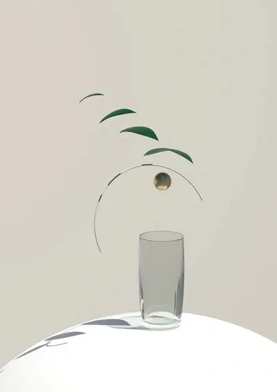 Minimal still life with glass and suspended leaves, minimal, light-mode, light