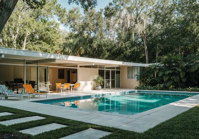 Mid Century house designed by Paul Rudolph, minimal, photographic, light