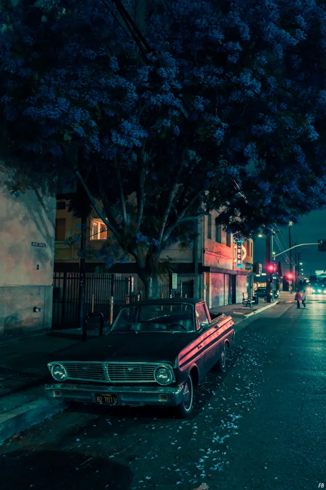 Night Street Scene with Vintage Car
