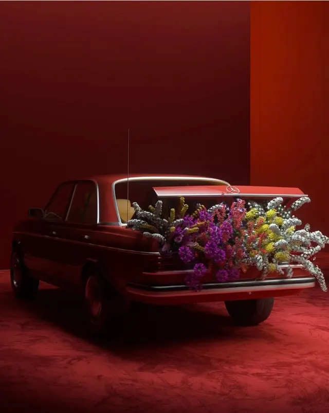 Red Vintage Car with Floral Arrangement