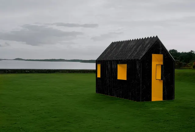 Black marble house with yellow accents by water, minimal, geometric, dark