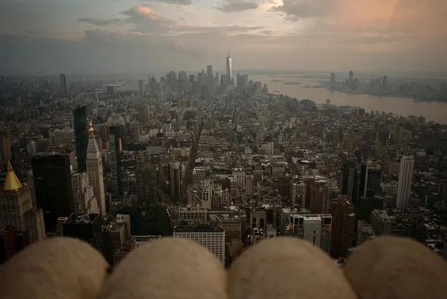 Aerial New York City skyline at dusk, minimal, photographic, dark