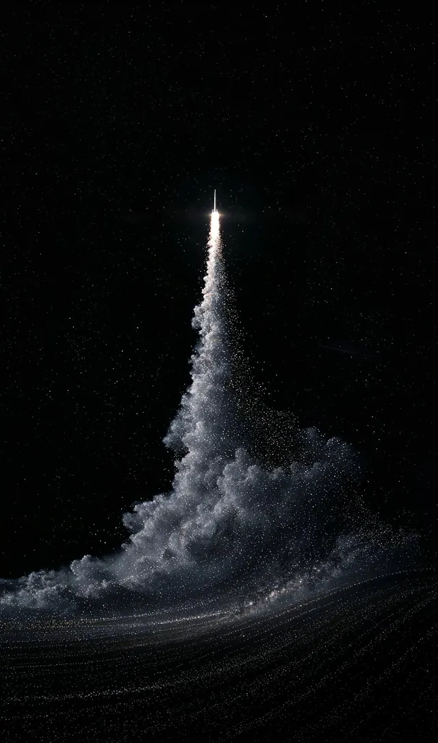 Night rocket launch plume, photographic, monochrome, dark