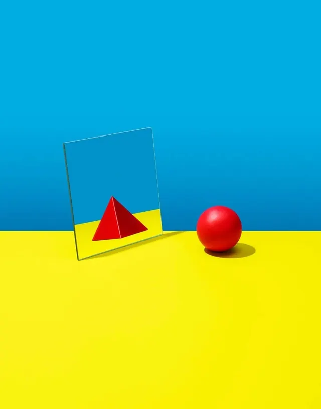 Primary-color mirror still life, minimal, geometric, vibrant