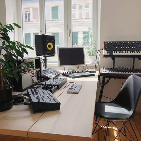 Bright home music studio, minimal, light-mode, light