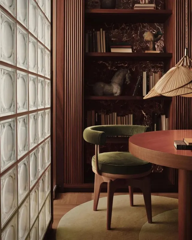 Glass-block library nook, luxury, organic, warm