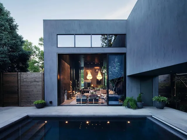 Concrete house and pool at dusk, minimal, luxury, dark