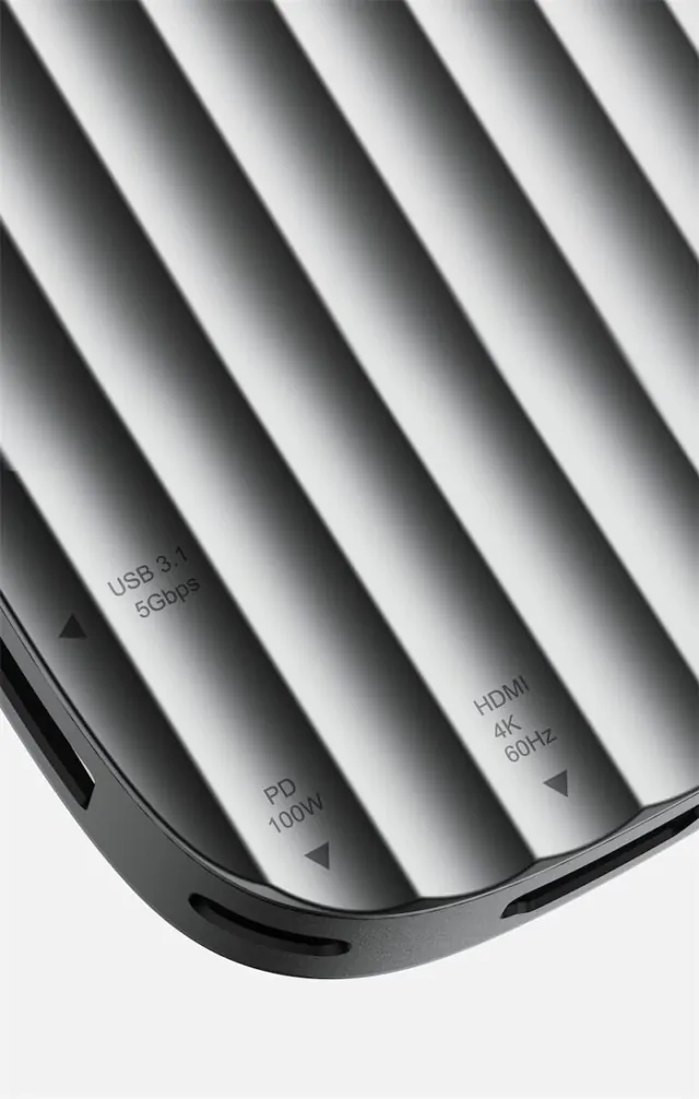 Ribbed aluminum USB-C hub, minimal, technical, light
