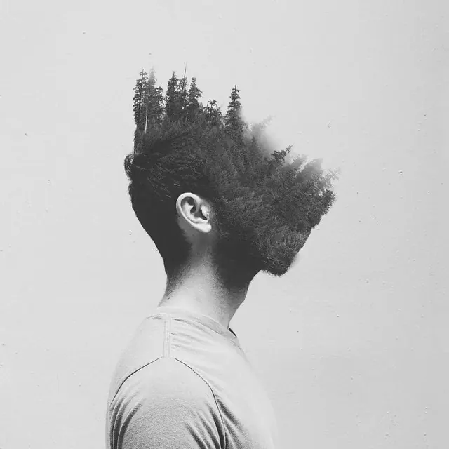 Forest double-exposure portrait, minimal, photographic, monochrome