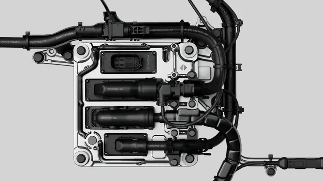 EV power distribution unit photograph, technical, minimal, monochrome