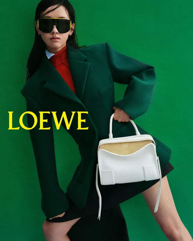 Loewe campaign portrait on green, editorial, luxury, vibrant