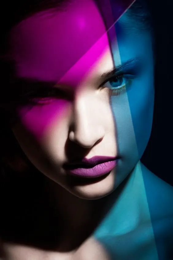 Duotone Portrait with Geometric Overlays, abstract, vibrant