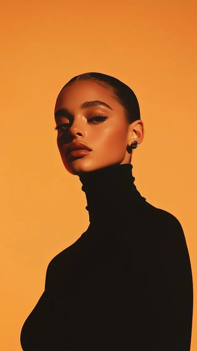 Orange backdrop fashion beauty portrait, editorial, photographic, vibrant