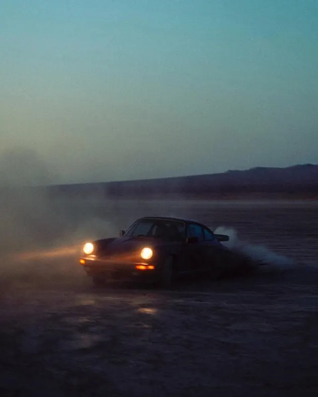 Porsche drift twilight desert photo, photographic, retro, dark
