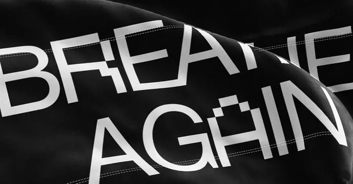 BREATHE AGAIN glitch fabric typography, brutalist, minimal, dark