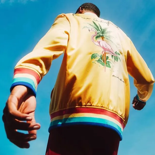 Yellow satin bomber tropical back graphic, retro, photographic, vibrant