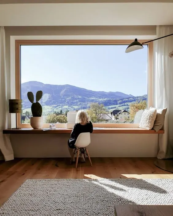 Mountain window study nook interior, minimal, organic, light